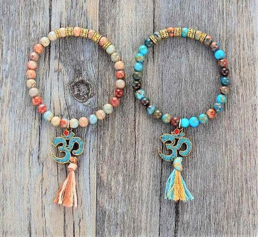 New Stretch Bracelet Natural Stone with Tibetan OM Charm and Tassel Mala Bracelet